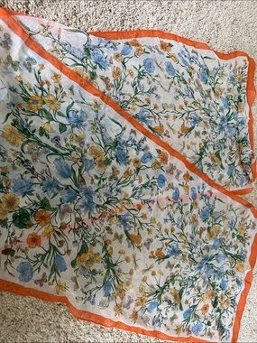 100% Silk sheer Floral Scarf with orange trim